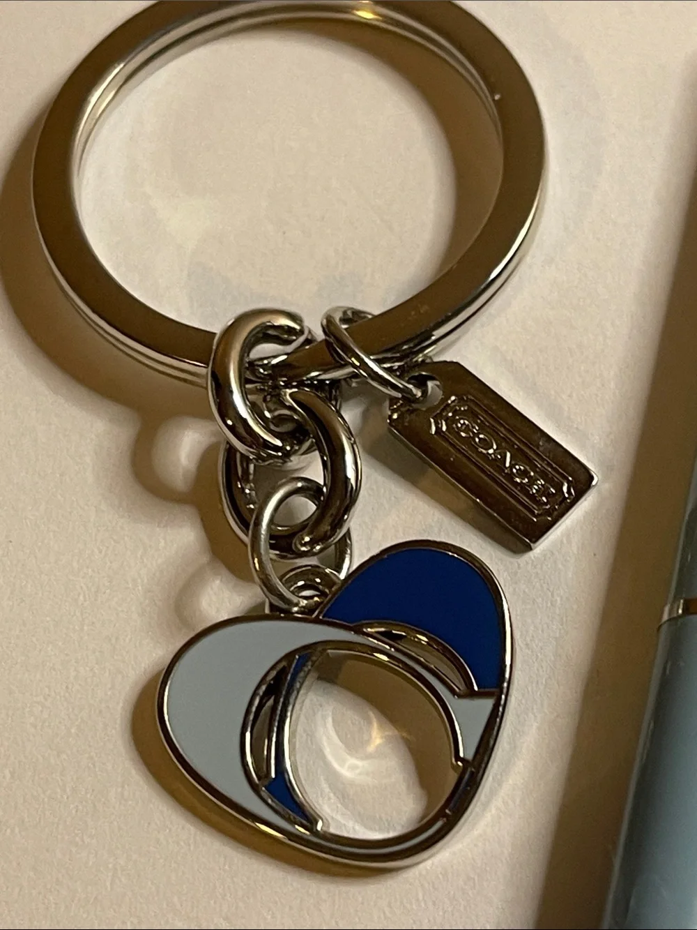 Coach Silver-Tone Heart Keyring with Navy and Light Blue Enamel & Pale Blue Pen